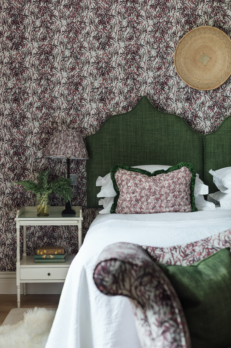Elderflower Rectangle Cushion with Green Fringe