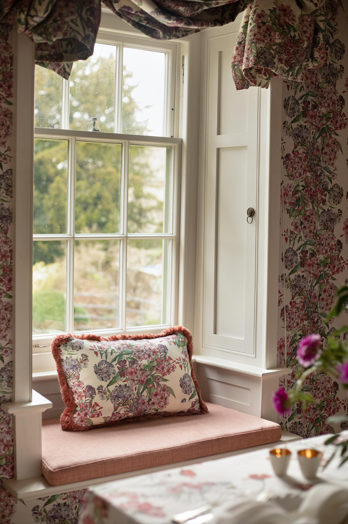 Mixed Phlox Rows Rectangle Cushion with Pink Cotton Trim